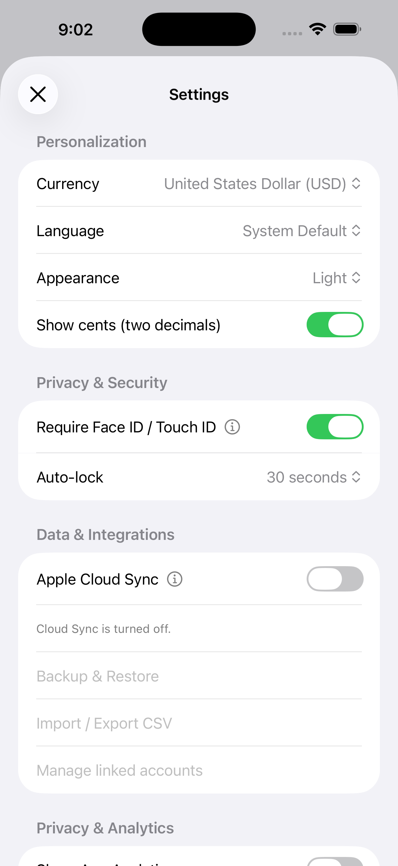 App settings view for Nara