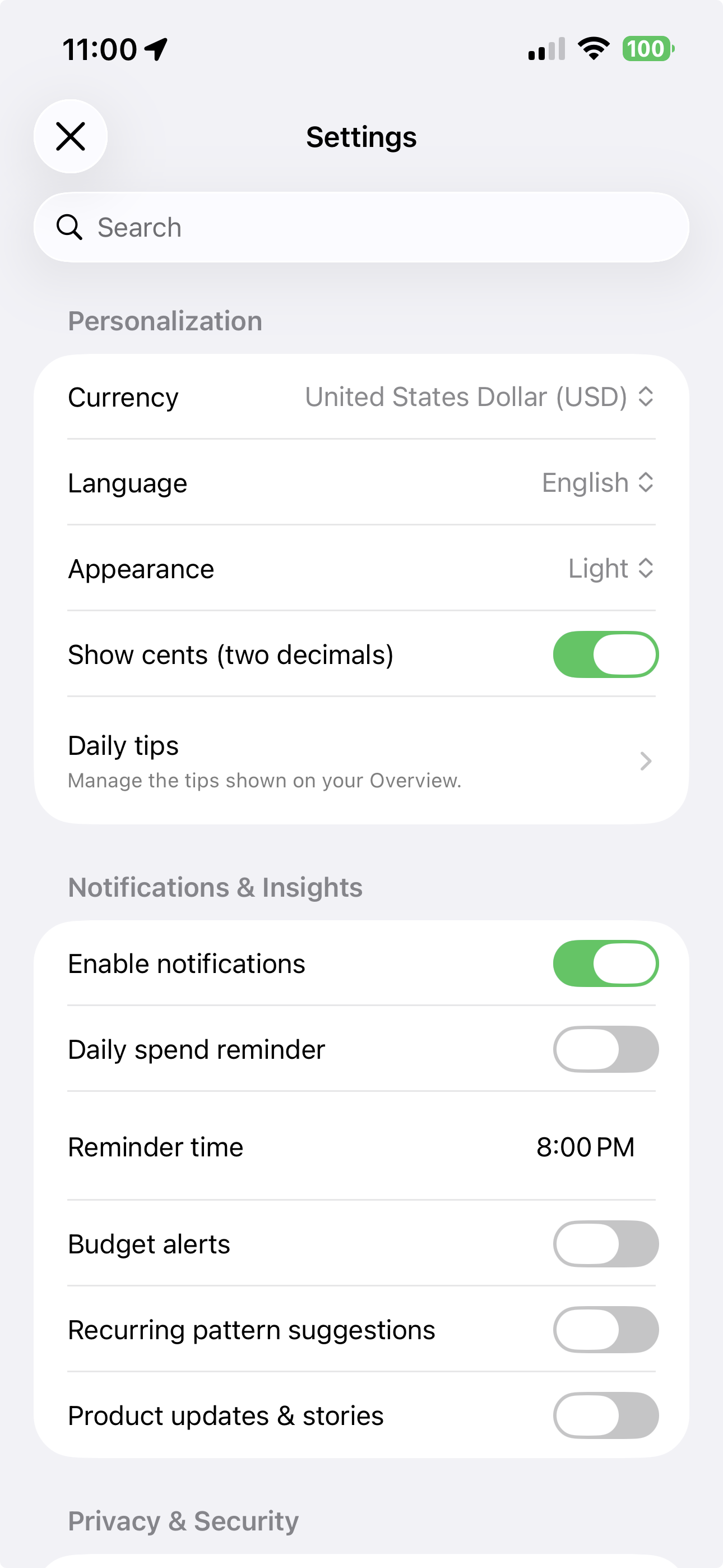 App settings view for Nara